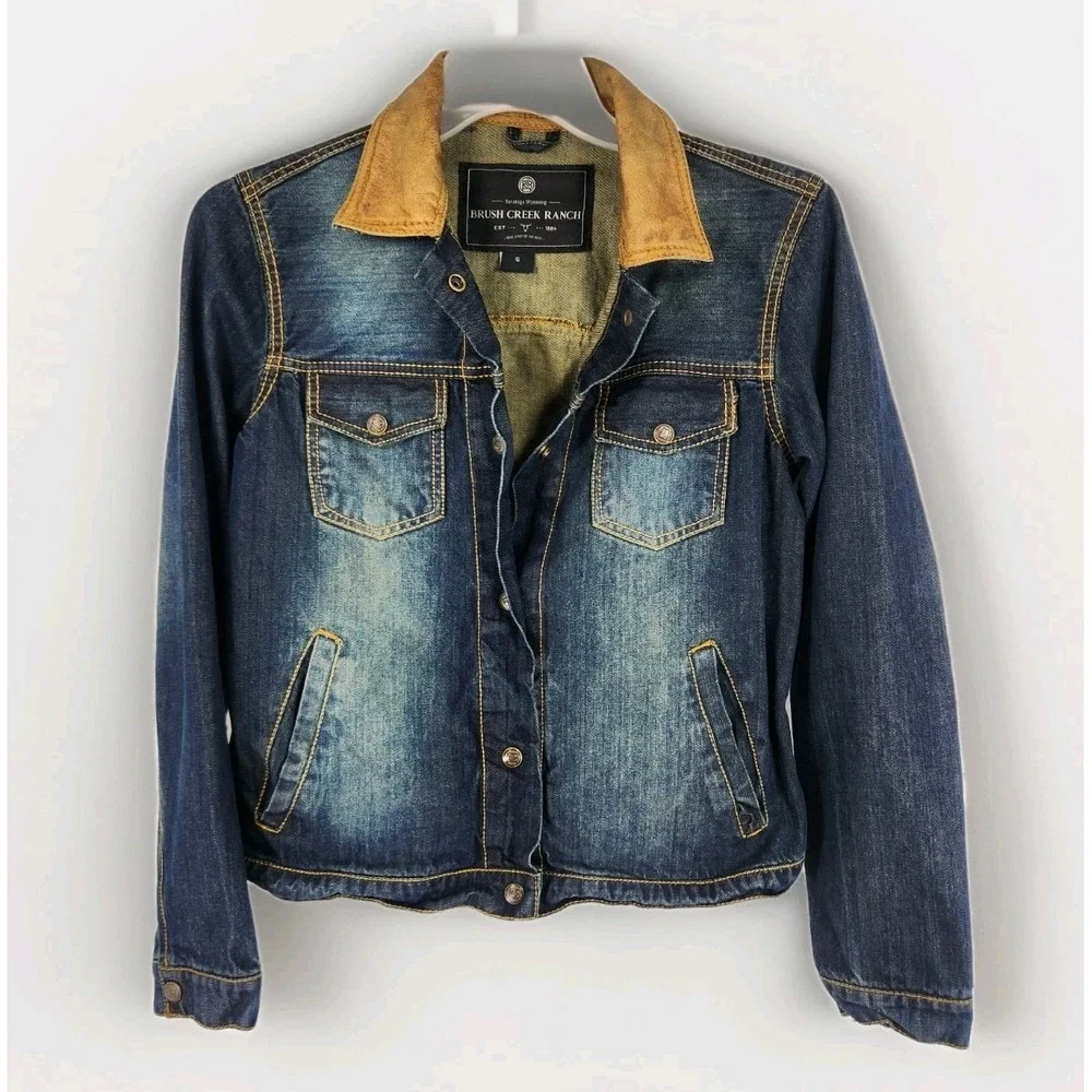 Brush Creek Ranch Distressed Denim Jacket Youth SM Western‎ Coat Leather Collar